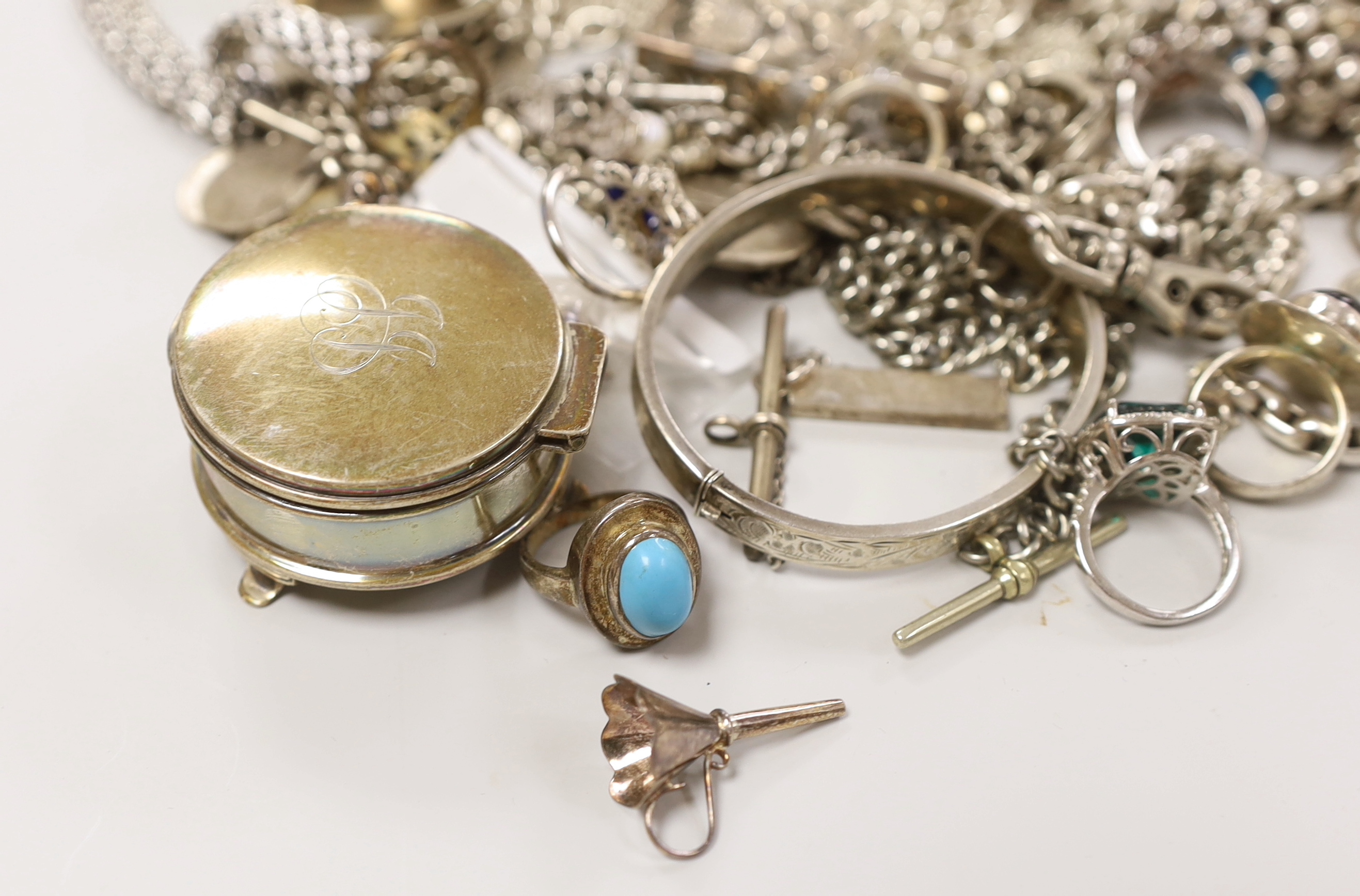 A mixed group of assorted silver and other jewellery, including albert, chains, bracelets, silver mounted ring box, etc.